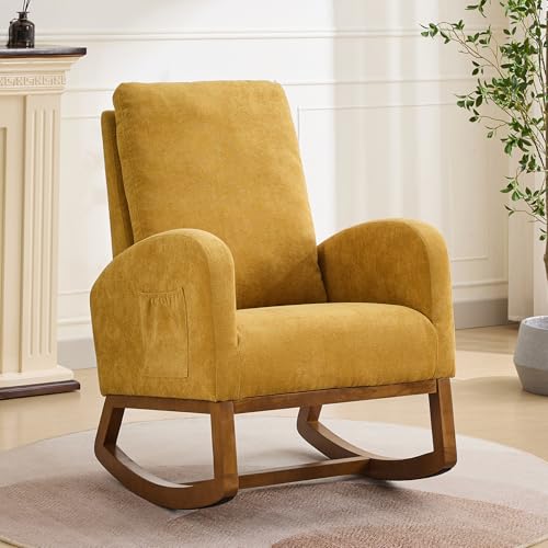 Image of Rocking Chair Nursery, Glider Rocking Accent Chair with Wood Legs, High Back Pocket Modern Upholstered Nursery Chair, Comfy Accent Rocker Armchair for Living Room Bedroom, Mustard Yellow