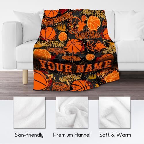 Custom Basketball Blanket, Cozy Soft Throw Gifts for Boys, Cool Orange Flannel Throw Blankets for Bed Travel, 50x60 Inches