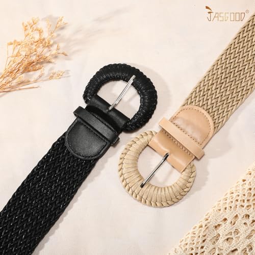 JASGOOD 2 Pack Women Woven Waist Belt for Dress Boho Rattan Belt Wide Braided Belt with Round Buckle3