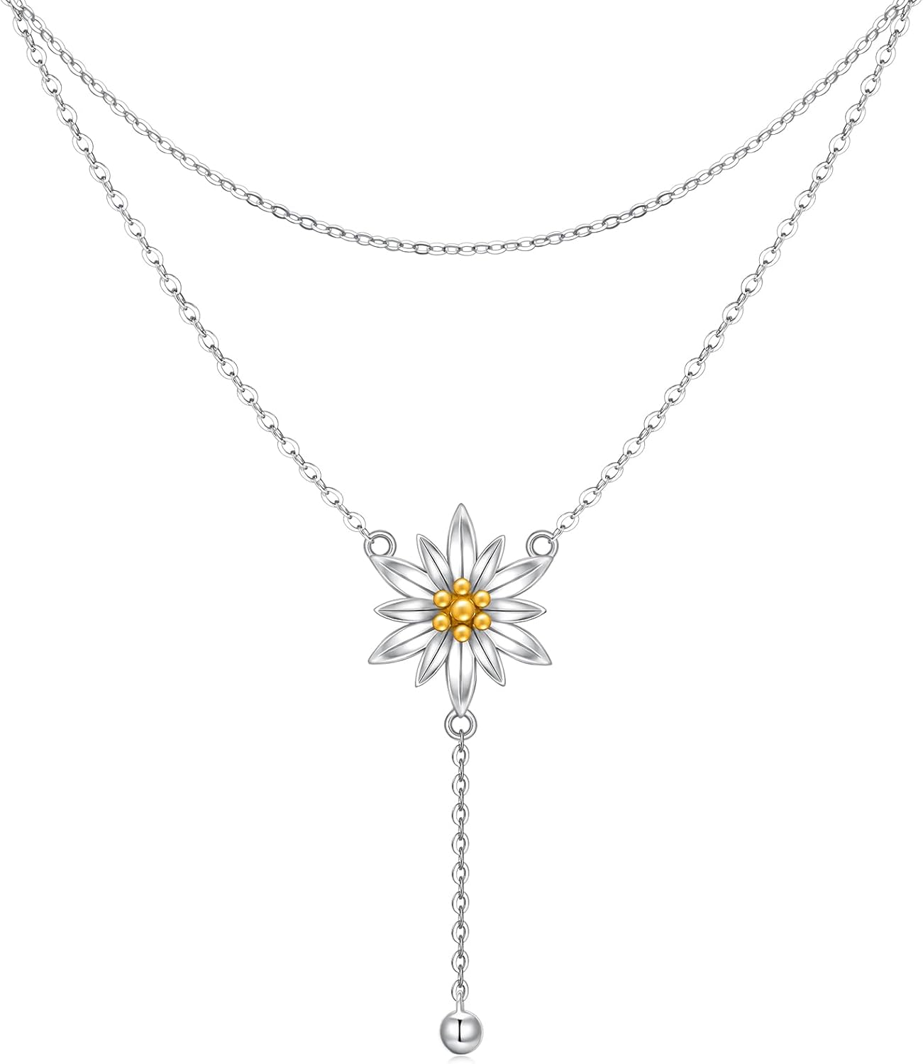 Edelweiss Necklace Silver Layered Necklaces for Women Sterling Silver Layered Pendant Chain White Flower Jewelry Mothers Day Gifts