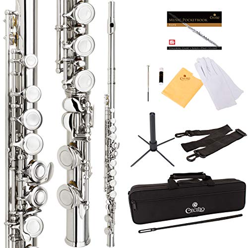 Cecilio High Grade Student C Flute Package in Silver Nickel Plated with Stand