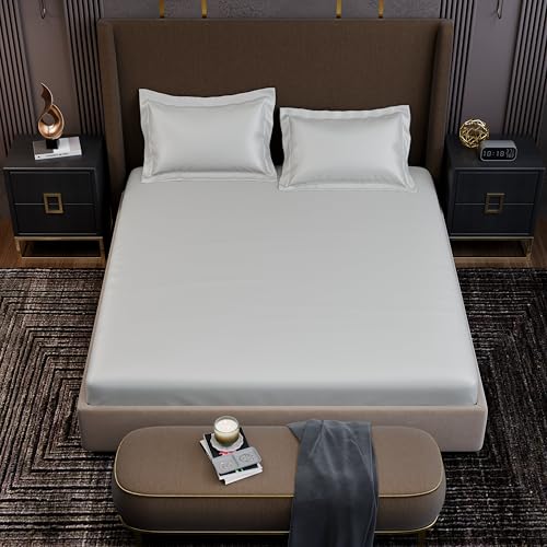 Image of Stoa Paris 350TC Luxstre Cotton Double Fitted Bedding Set with 2 Pillow Covers, All-Around Elastic Fitted Bedsheet 152cm x 198cm + 30cm Drop, All Season Comfort, Breathable, Panache - White