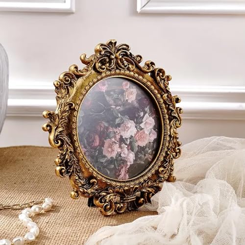 Image of Nostrae by Ekhasa Elegant Vintage Round Photo Frame with Glass | 3.5 Inch Resin Embossed Ornate Circular Picture Frame | Multi-Utility Table & Wall Use | Antique Style Frame Gift for Home Decor