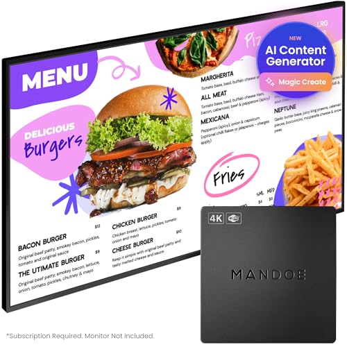 Digital Signage Player by Mandoe – Easy Setup, AI Template Creation, Premium Templates for Restaurants, Retail, and Business Displays