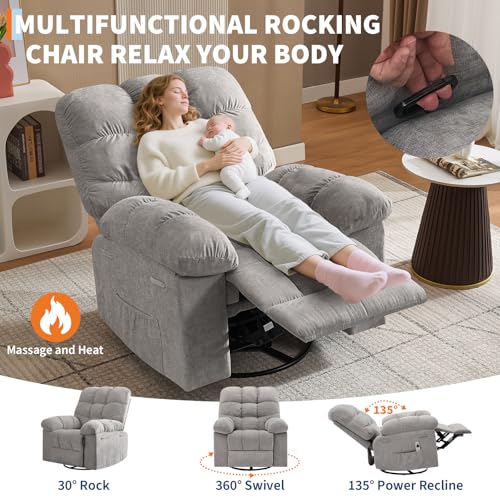 Image of 360 Swivel Rocking Recliner Chair with Vibration Massage & Heat, Oversized Rocker Recliner with Side Pocket for Living Room, Bedroom, Nursery & Small Spaces,Gray