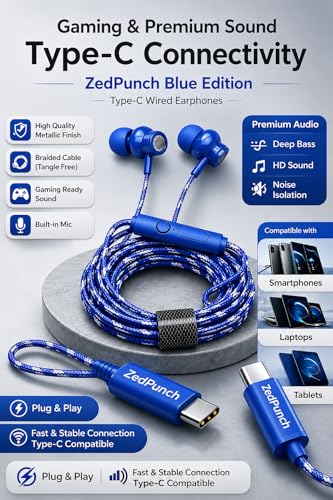 Image of Gaming Type-C Wired Earphone with Mic, 10mm Dynamic Bass Driver, Magnetic in-Ear Headphones, Low Latency Sound for Gaming, 1 Button Control, HD Calling, Voice Assistant, (Blue)