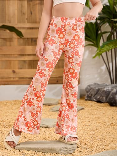 Image of OYOANGLE Girl's Boho Floral Print Elastic Waist Flared Leg Pants Casual Bell Bottom Trousers