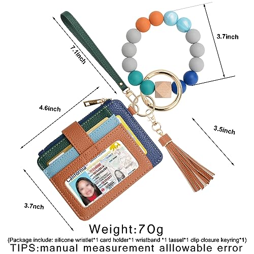Coolans Wristlet Bracelet Keychain Card Holder Card Pocket Pu Leather Purse Tassel Keychain Bangle Key Ring For Women Girls (Silicone Bead Bracelet+Card Purse (Rainbow)) #TOP1