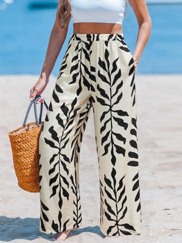 Image of CUPSHE Women's Wide Leg Beach Pants - Tropical Floral with Pockets Plus Size Casual Flowy Vacation Bottoms