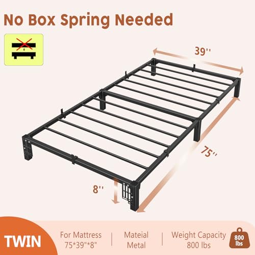 GarveeHome 8 Inch Twin Bed Frame, Heavy Duty Metal Platform Bed Frame with Durable Iron Slat Support and Legs, No Box Spring Required, No Screws Needed, Support Up to 800 Lbs