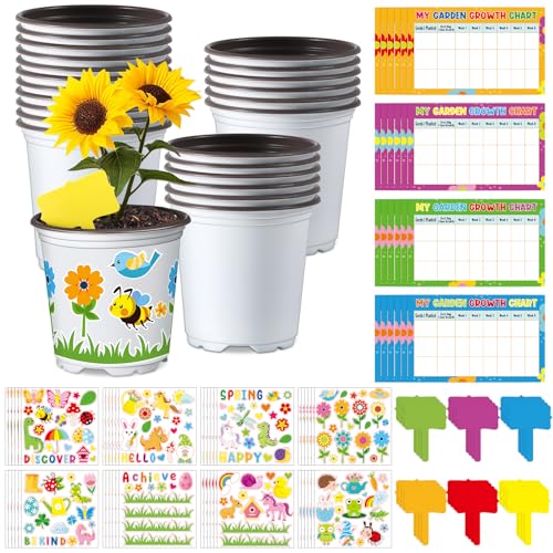 Capoda 48 Sets Garden Flower Pots Crafts Kit DIY Spring Plastic Seedling Nursery Pots with Stickers Plant Labels Growth Charts Planting Growing Tools Classroom Activities Project Gifts (Round)
