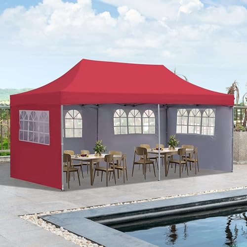 Image of 10x20ft / 3x6m Pop up Outdoor Canopy Tent | Portable Shade Instant Folding Gazebo Tent | Heavy Duty Gazebo Canopy Shelter 2 Mins Installation | 40Kgs (Red with 3 Window Side Walls)