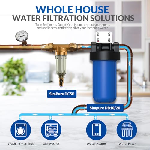 Image of SimPure DC5S 40 Micron Spin Down Sediment Filter, Reusable Whole House Sediment Water Filter Softener with Siliphos Helps Prevent Scale and Corrosion, 1 inch MNPT + 3 /4 inch FNPT + 3 /4 inchMNPT, BPA Free