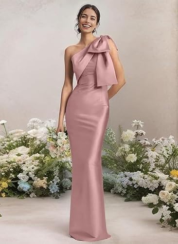 One Shoulder Mermaid Prom Dress With Bow Satin Long Back Split Bridesmaid Dresses Formal Evening Gowns Us18W Red #TOP20