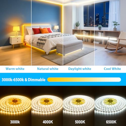 White LED Strip Lights 3000K-6500K 66ft Dimmable, Smart Strip Light Alexa Compatible, 24V WiFi Flexible Tape LED with APP & RF Remote, Cabinet Lighting Self-Adhesive for Room, Kitchen - Image 5
