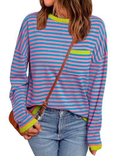 Image of LILLUSORY Womens Striped Soft Knit Pullover Sweater Loose Fit Shirts with Chest Pocket