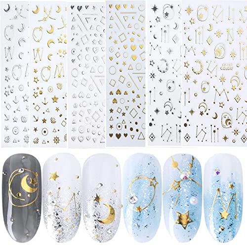 6Sheet Gold And Silver Nail Stickers Geometric Lines Moon Stars Mixed Pattern Metal Nail Stickers Manicure Diy Design Nail Decoration #TOP14