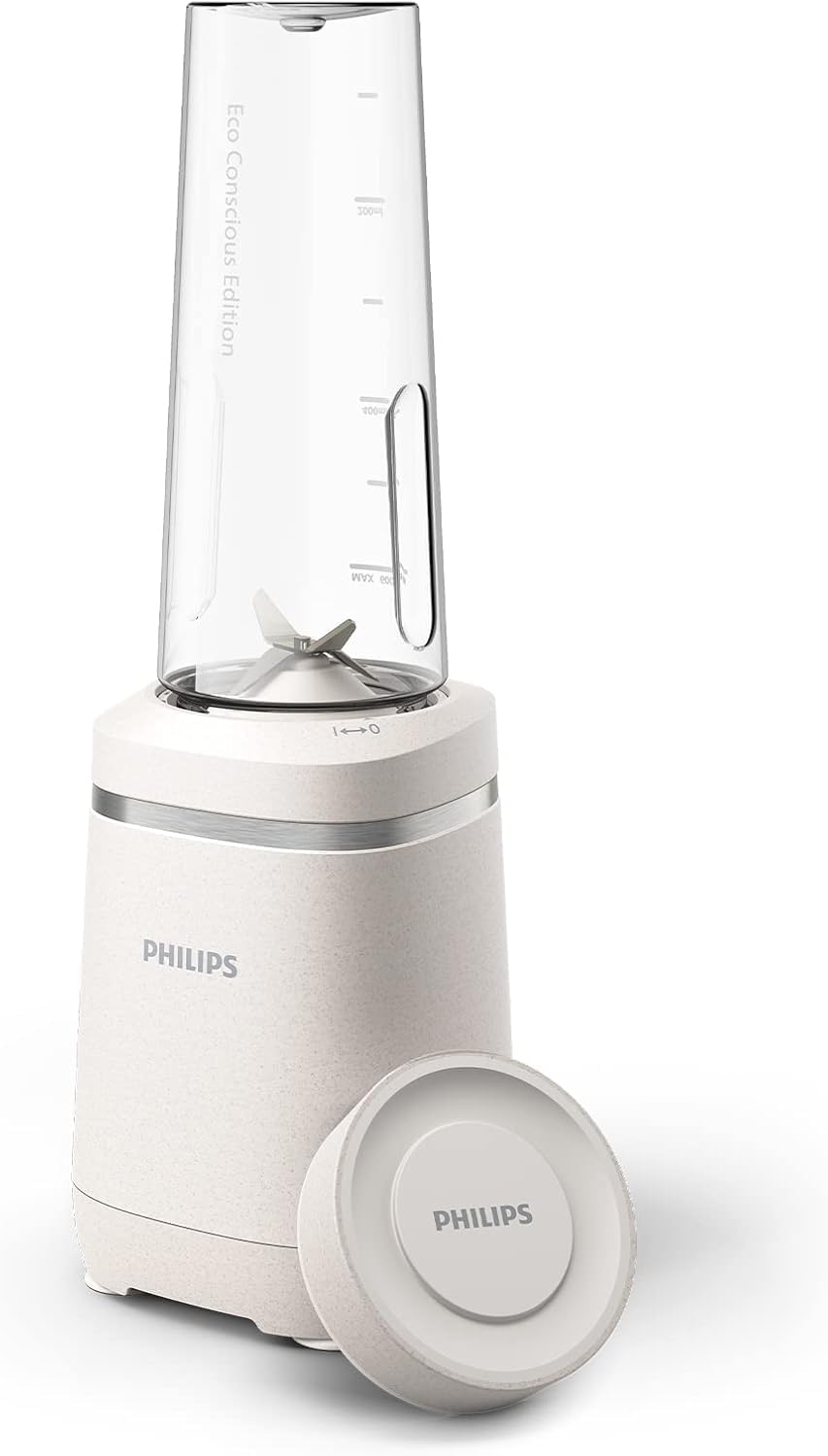 Philips Blender mixeur Série 3000 - Collection Eco Conscious, Technologie ProBlend, gourde de 0.6L Blend&Go, lames en inox, 350W, Plastiques 100% biosourcés, blanc soie mat (HR2500/00)