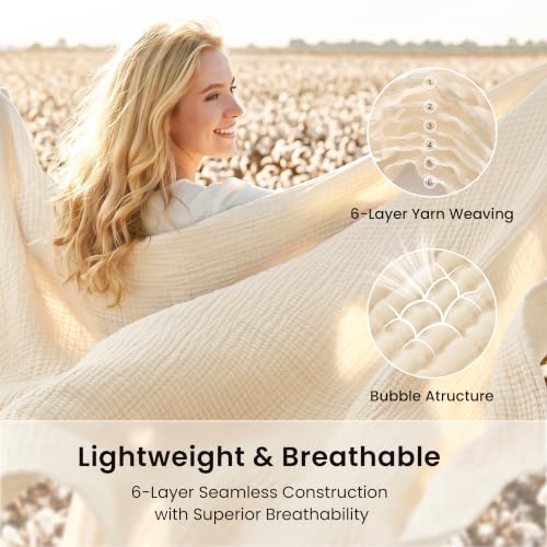 Image of Love's cabin 100% Cotton Muslin Blanket, 6 Layer Lightweight Breathable Gauze Queen Size Blanket 90 x 90 Inches, Soft All Season Blanket for Bed, Beige