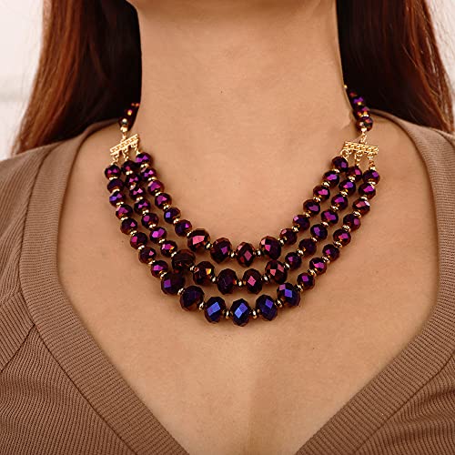 Wiwpar Layered Faceted Purple Beaded Statement Necklace And Earrings Set Elegant Long Boho Crystal Wrap Strand Collar Bib Choker Necklace For Women Girls (Purple) #TOP20