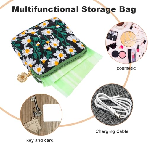 Image of Kifmurase 2 Pcs Daisies Sanitary Napkin Storage Bag, Daisy Embroidery Tampon Holder Pouch with Zipper, Portable Period Bag Nursing Pads Holder Period Pouches for Teen Girls Women (Black+Beige)