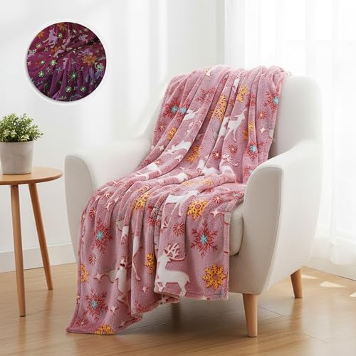 Image of Frosted Peach Glow-in-the-Dark Reindeer Blanket for Kids | Super Soft Pink Fleece, Snowflake Glow Design, 150x200 cm, Unisex Bedding Gift