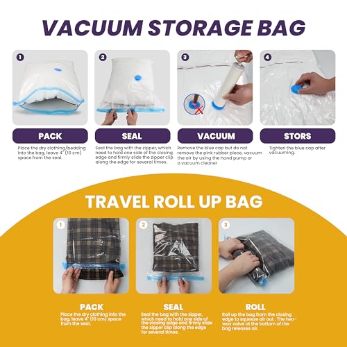 YSSOA 32 Combo Vacuum Seal Bags (5 Jumbo/5 L/6 M/6 S/5 Roll M/5 Roll S) 80% Space Saver Bags with Travelling Pump for Quilts and Blankets Storage
