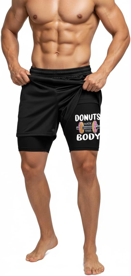 Release The quackin Men's 2-in-1 Performance Shorts，Novelty Workout Shorts with Pockets,Donuts Made This Body Training Shorts