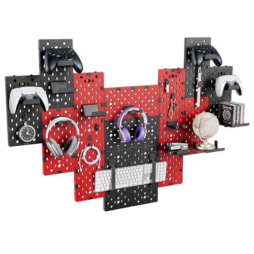 Image of PEGZONE Controller and Headphone Holder Wall Mount, Modular Gaming Pegboard with Accessories, Controller Stand for Xbox PS5 PS4 Switch, Video Game Storage, Disc Shelf, 14pcs Pegboard, Black & Red