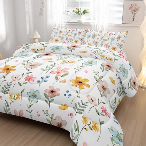 Nttopship Pink Yellow Floral Comforter Bedding Set Twin Size Flower Pattern Bedding Set for Your Room,Rectangle Abstract Soft Lightweight Quilt Set All Season 1 Comforter and 2 Pillowcases by Nttopship - Used condition - Image 2