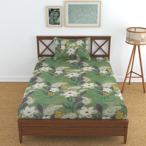 Image of KAWI Single Bedsheet Elastic Fitted (72 inchX 48 inch Size Mattress) Soft Glace Cotton Single Bed Size with 1 Pillow Cover - Green Patta Floral Colour