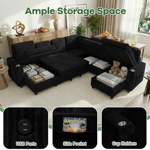Image of Sleeper Sectional Couch, Sleeper Sofa Bed with Pull Out Bed, Oversized Corduroy Couch for Living Room, Bedroom and Apartment, Modular Corner Sofa with Storage, Black