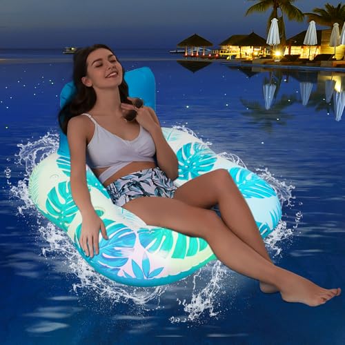 Inflatable Pool Floats Lounger Adult,Floating Lounge Chairs with Color Changing LED Lights,Pool Lounger Float with Cup Holders,Backrest and Mesh Bottom for Pool, Beach, and Water Parties