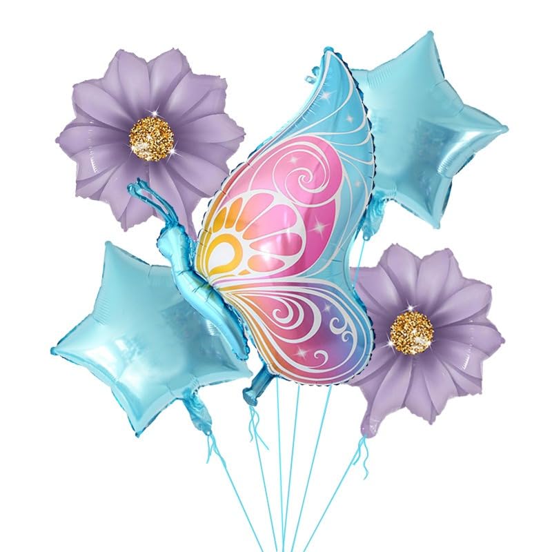 Image of 5 Pcs Butterfly Foil Balloons Blue Suit With Butterfly Flower Pentagram Themed Birthday Party Baby Showers Decorations Supplies