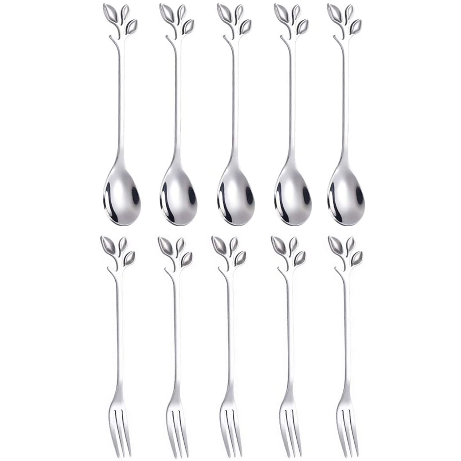 Arabest 10pcs Coffee Spoon Dessert Forks, Espresso Spoons Fruit Forks, Stainless Steel Mini Creative Tableware for Sugar, Cake, Ice Cream, Tea, Stirring Mixing Teaspoon Set (Silver)
