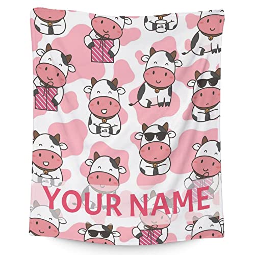 Personalized Cow Blanket Gifts with Name - 50"x60" Cute Throw for Women, Girls - Pink Soft Fuzzy Blankets for Bed, Couch & Living Room