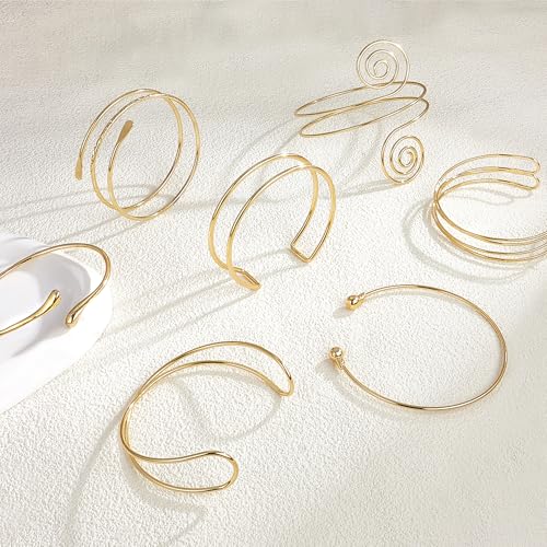 7 Pcs Arm Cuff Jewelry for Women Gold Upper Arm Bracelet Bangle Band Armlet Adjustable Armband Set4