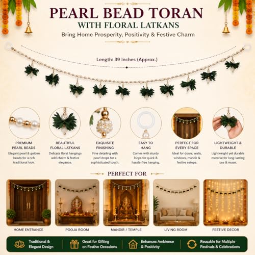 Image of Akaar Decor Pearl Bead Toran with Floral Latkans | Decorative Door Toran for Home Entrance, Mandir & Pooja Room | Diwali Decoration, Festive Wall & Door Hanging