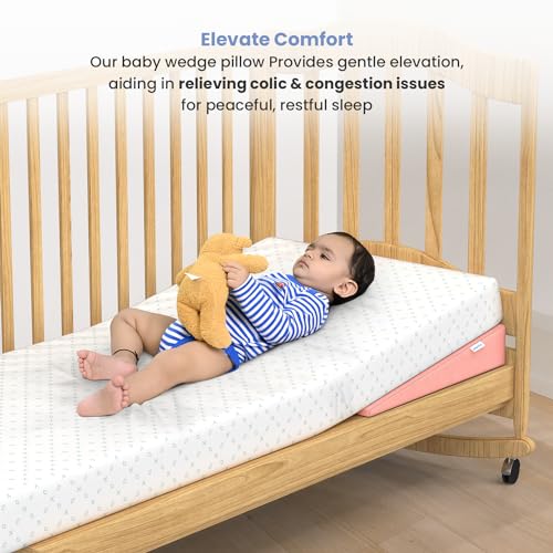 Image of Cherilo Standard Elevated Wedge Pillow for Baby Crib & Mattress, Helps to Elevate Baby for Acid Reflux, Colic, GERD, Heat Burn & Vomiting | 14 inch x 19 inch x 3.5 inch | - with Removable Velvet Cover - Peach