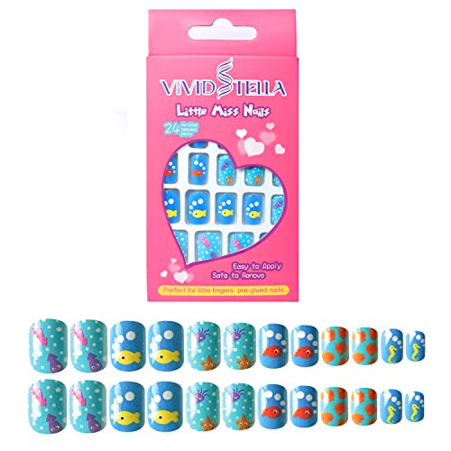 Fake Nails for Kids 24 Pcs Press on Nails for Girls Stick on nails Nails Tips for Girls Doughnut Pattern Ocean Style