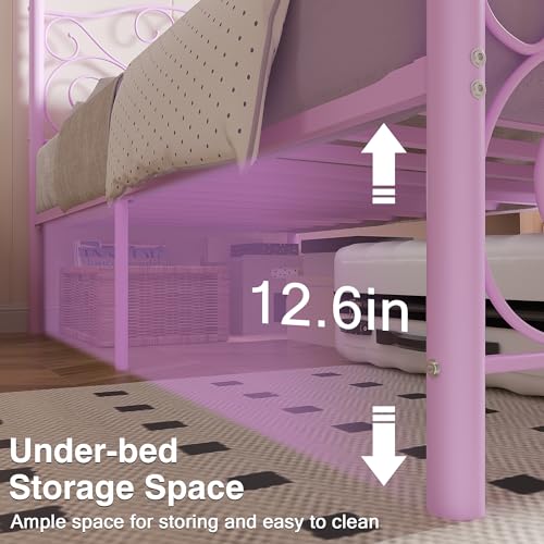 Image of VECELO Metal Canopy Bed Frame Twin Size, 4 Posters Platform Mattress Foundation with Headboard, Heavy Duty Steel Slats Support, No Box Spring Needed, Purple