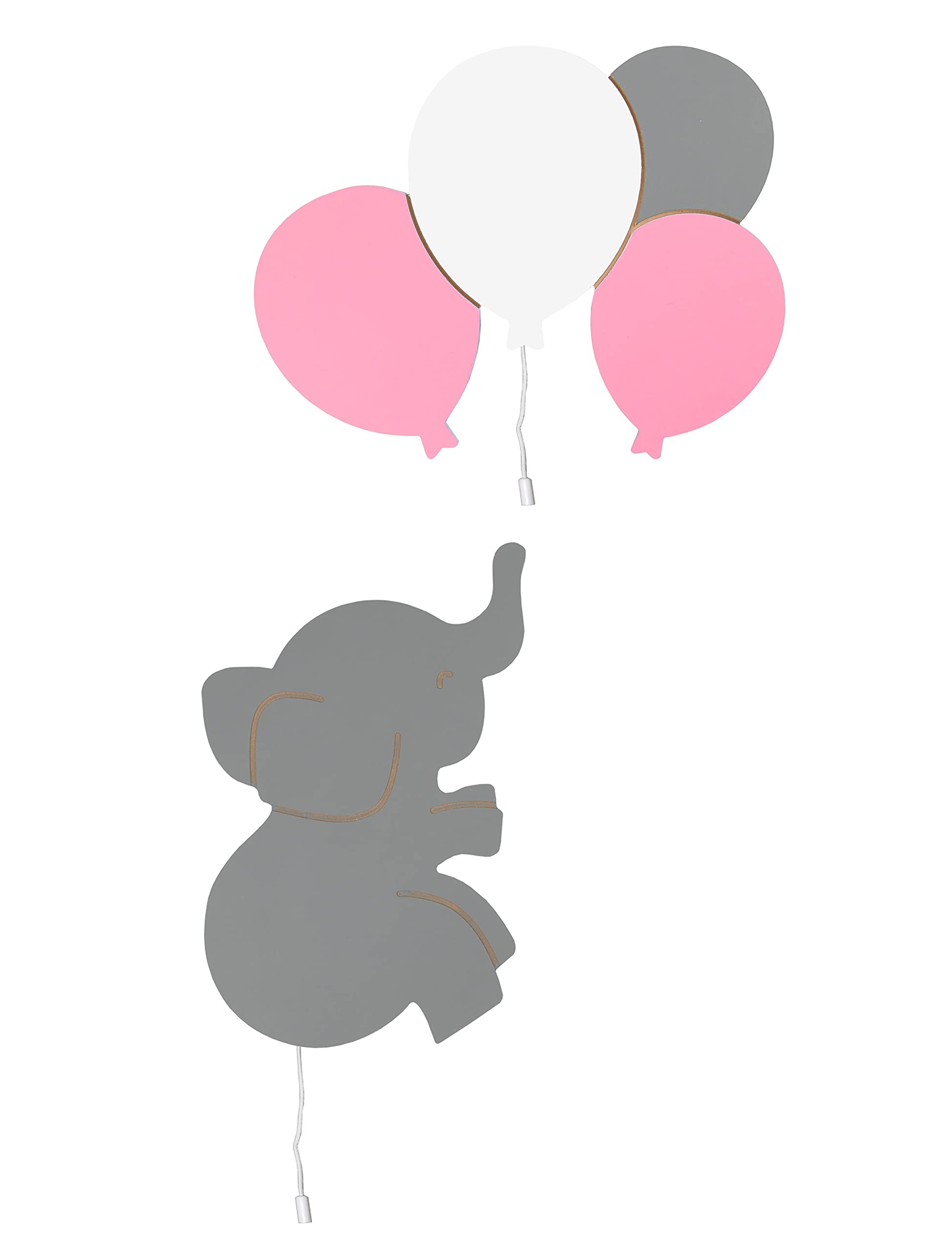 Happy Elephant with Balloons Wall Light, Nursery Night Light Set Wooden Magical Nursery Wall Lights. (Pink)