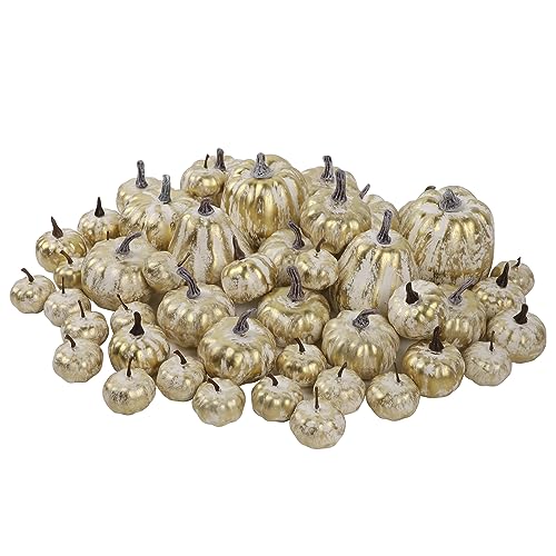 Image of winemana 46 Pcs Artificial Gold Pumpkins Fall Decorations for Home | Foam Material, Assorted Sizes, Halloween Autumn Thanksgiving Decor, For Table Centerpiece Mantle Bowl Wedding Party