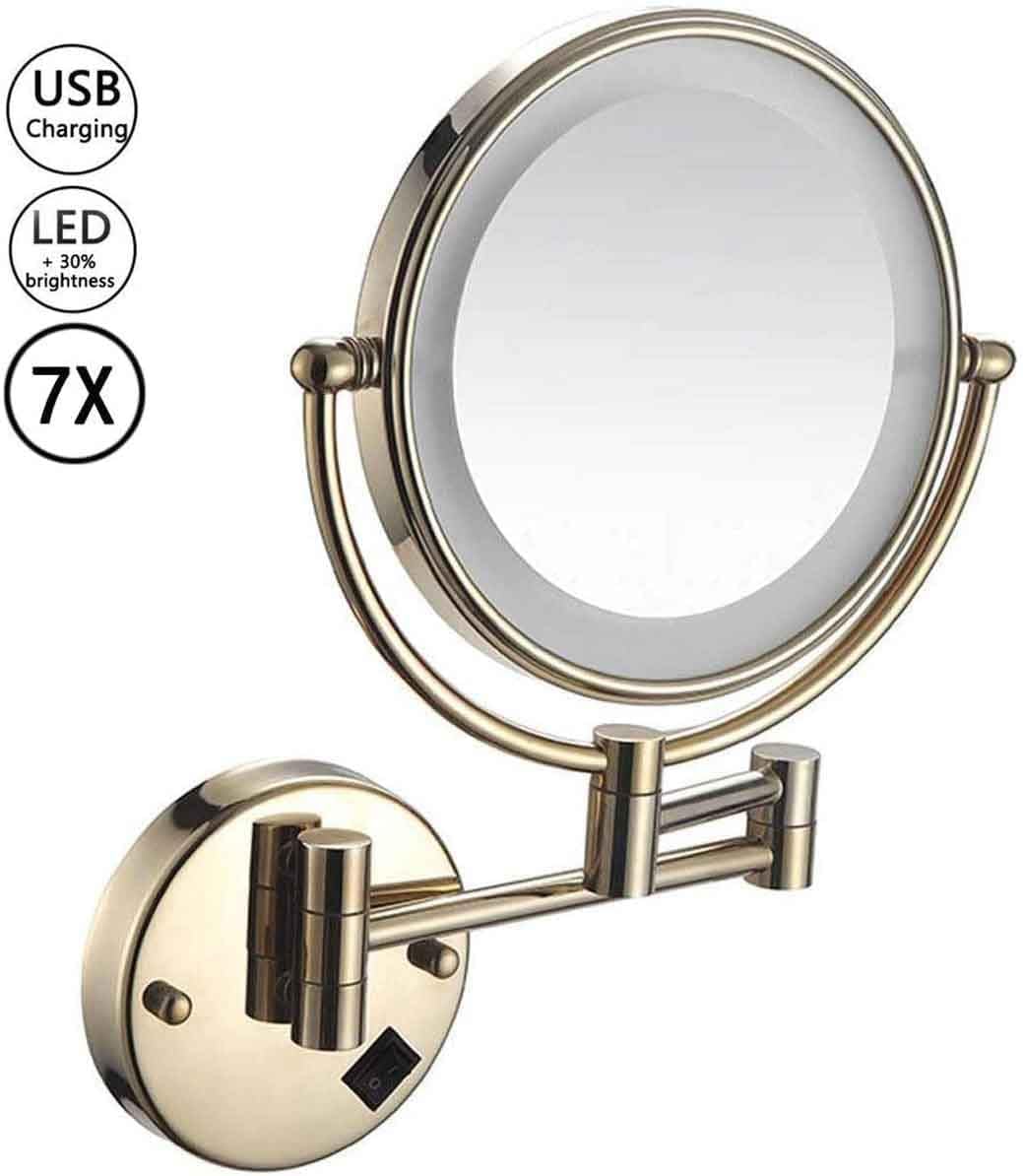 Specchio for trucco ingranditore 7X in ottone e acciaio inossidabile