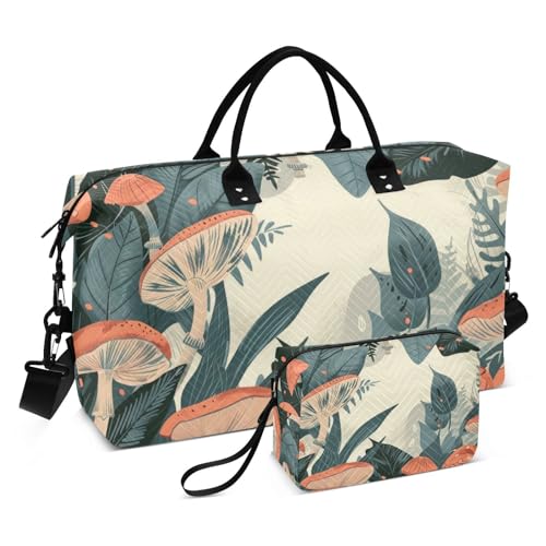 Large Travel Duffel Bag, Mushroom Sports Tote Gym Bag, Shoulder Weekender Overnight Bag for Women Men, Carry On Luggage with Toiletry Bags