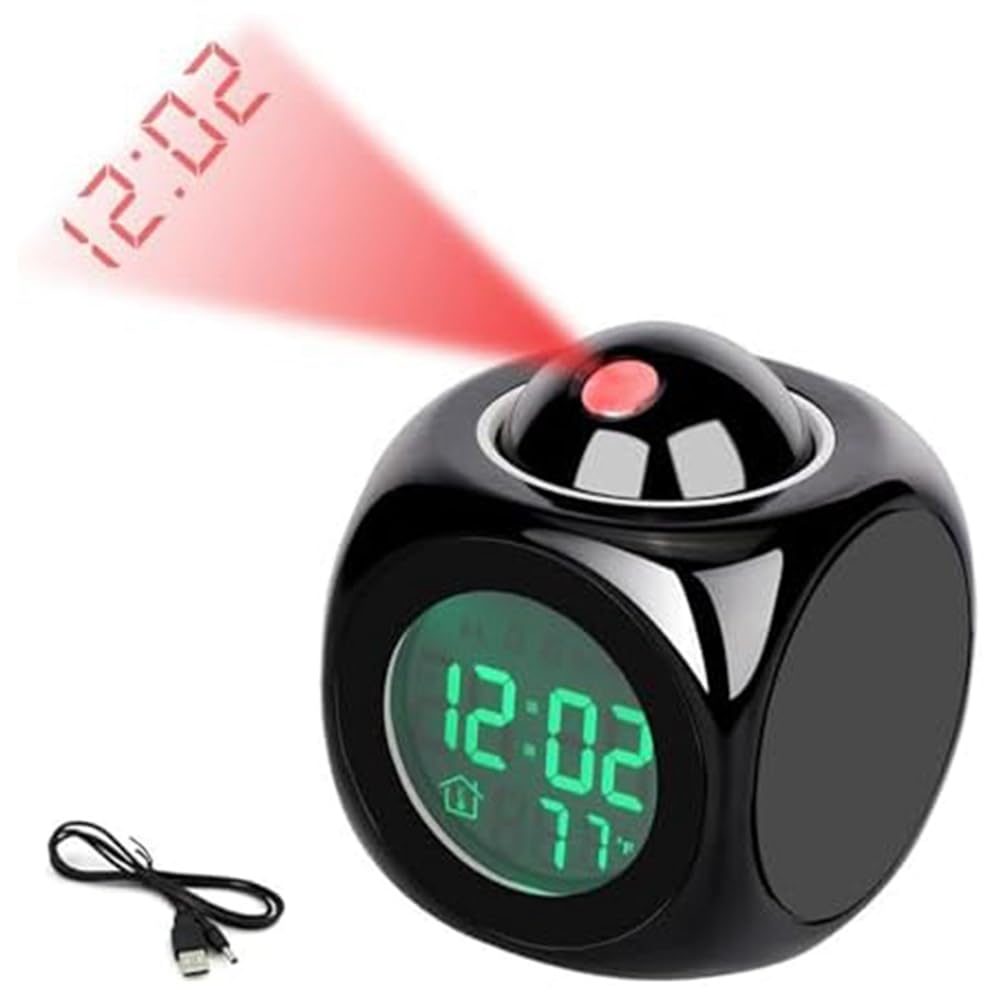 CTRLZS Projection Electronic Clock English Clock, Projection Clock Multi-Function Alarm Clock, LCD Projection Alarm Clock Black