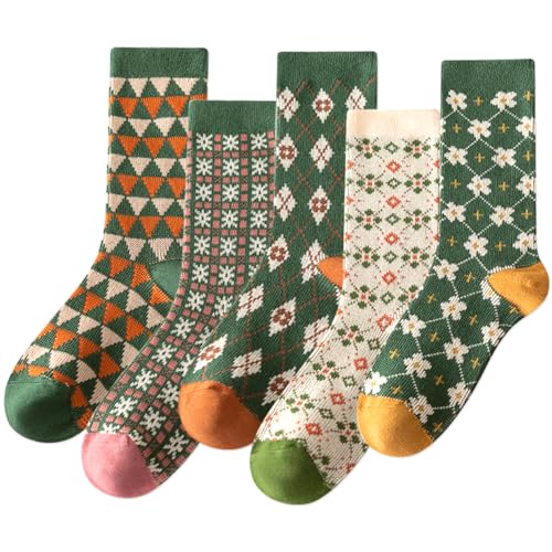 Image of IIG 3-5 Pairs Womens Vintage Cozy Crew Socks Soft Cute Neutral Cotton Socks Exquisite Patterns Socks Gift