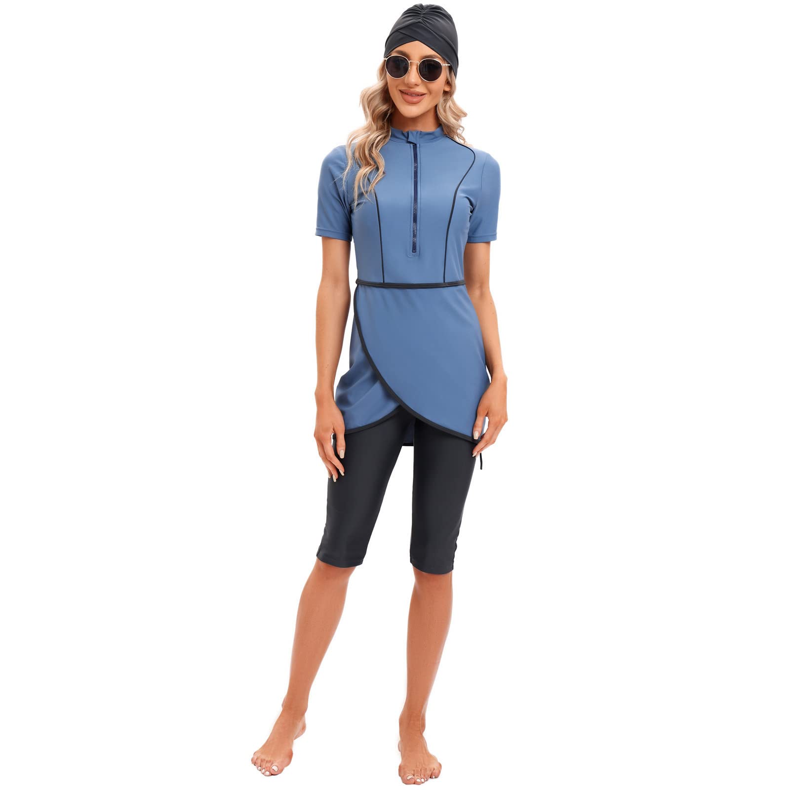 Burkini Swimsuits for Women Modest Muslim Swimsuit Islamic Swimwear Short Sleeve Burkinis Full Cover Hijab Muslim Swim Dress Tops Capris Pants Swim Cap 3 Piece Bathing Suits Blue + Black Small