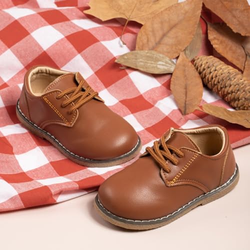 Image of Meckior Toddler Boys Girls Dress Shoes Little Kid Oxford Shoes Wedding Church Dress Shoes PU Leather Lace Up School Uniform Loafer Flats