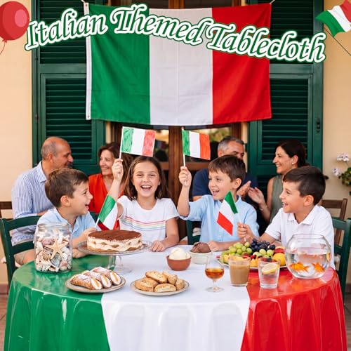 Image of Hahafelt 6 Pcs Italian Flag Plastic Tablecloth 84 Inch Round Red White and Green Disposable Table Cover Italy Circular Table Cloth for Italy Family Gathering Kitchen Decoration